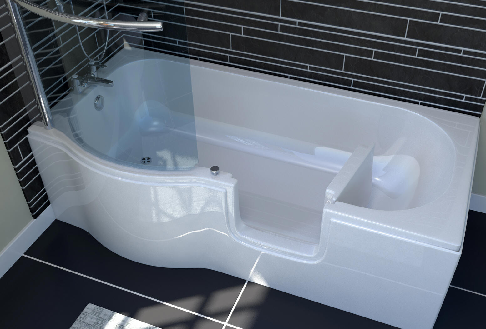 CALYPSO 'P shaped' Walk in Shower Bath a traditional low level bath